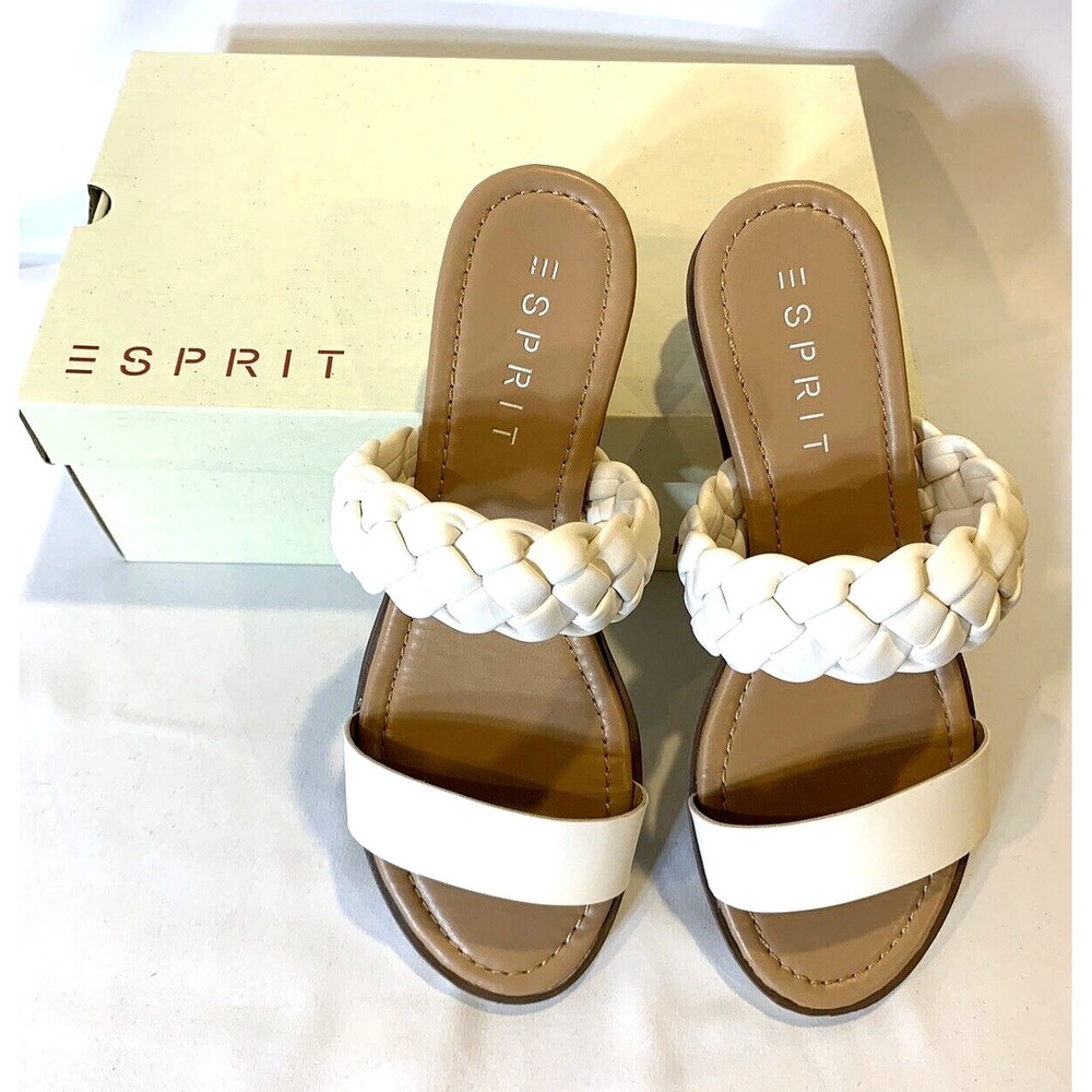 Esprit Sandals Womens 7.5 Ivory Cream Slide Low Wedge Cork Braided Strap Dale‎